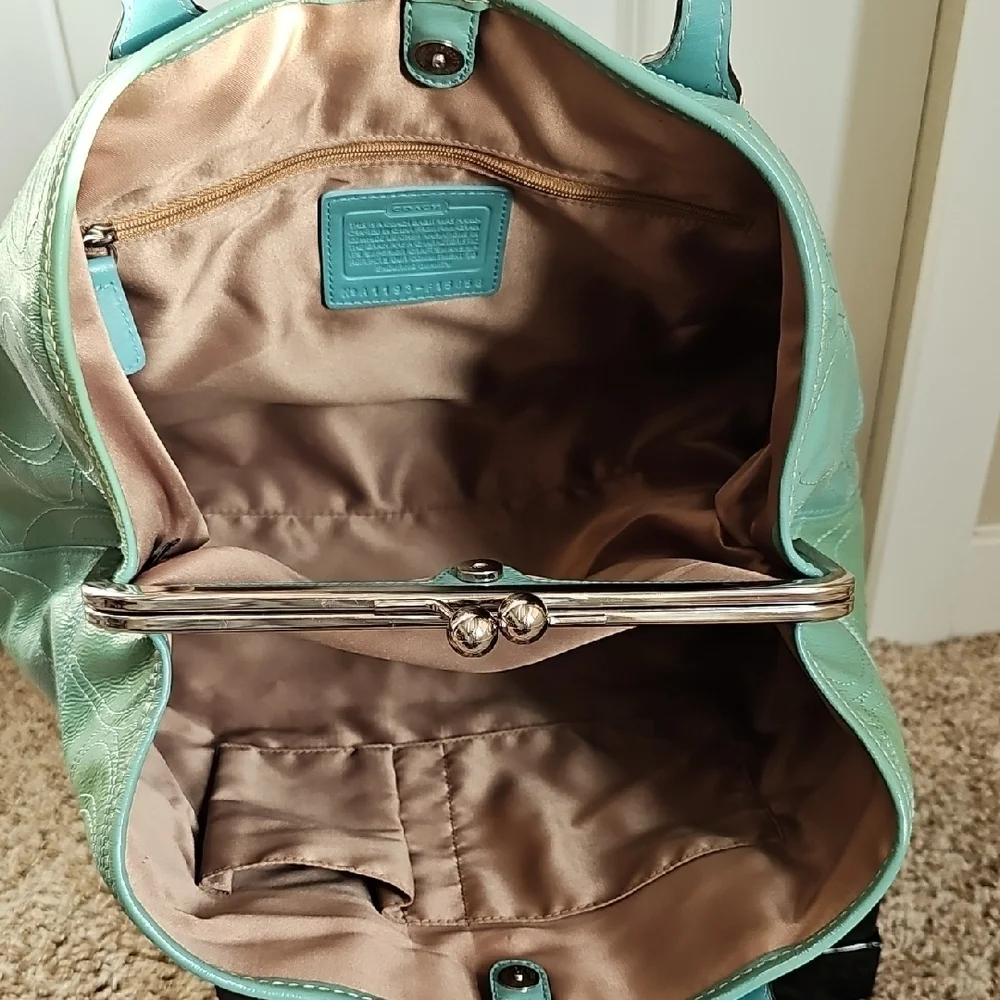 Coach 2011 F15658 Signature Stitched Patent Leather Framed Carryall Mint Green